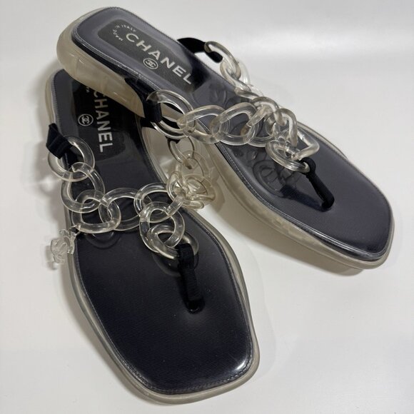 Chanel Size 39/ 8 Clear Jelly Sandals CC Chain Flip Flops - Picture 1 of 11